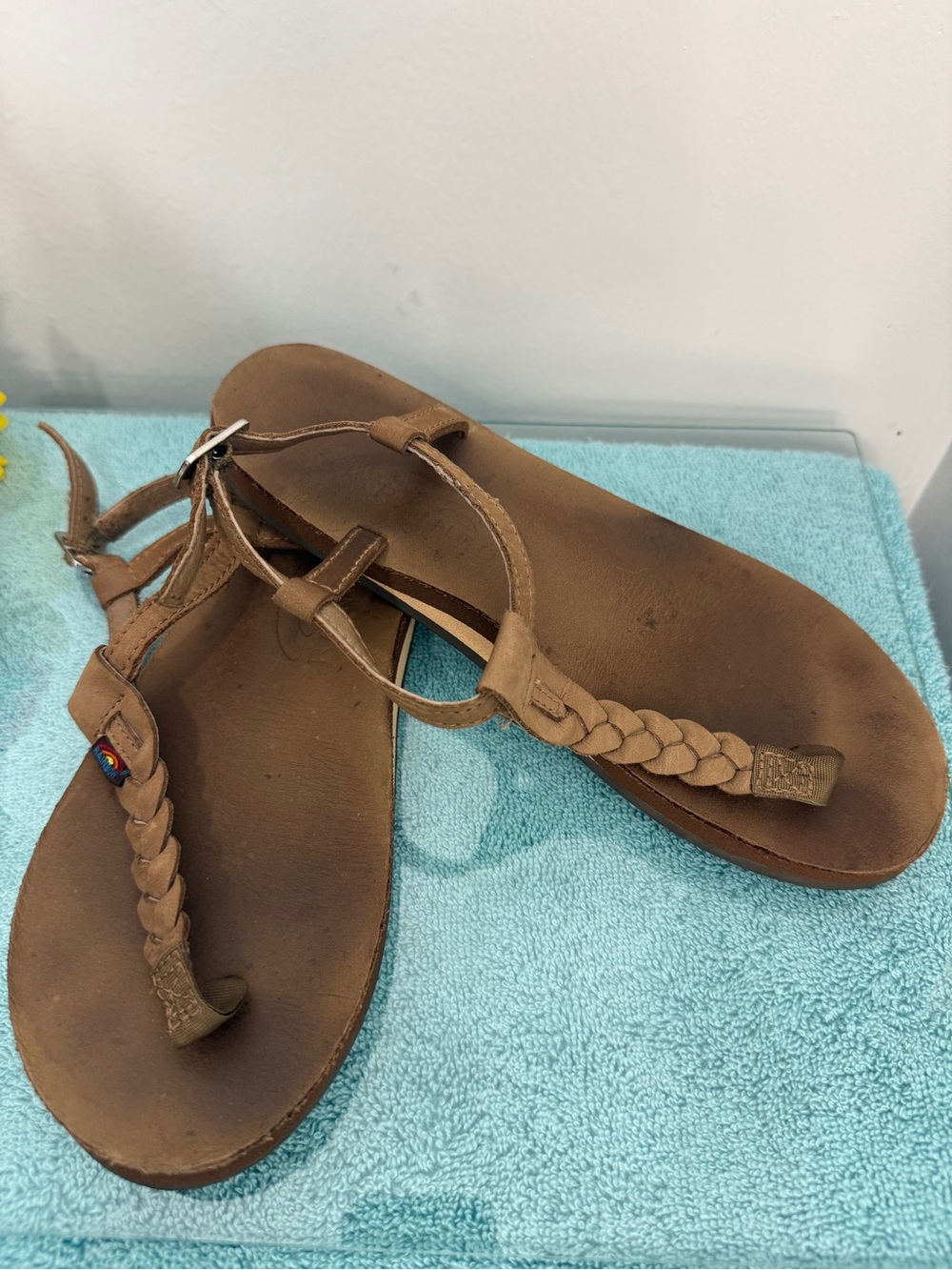 Rainbow Tan Braided Leather T-Strap Sandals
